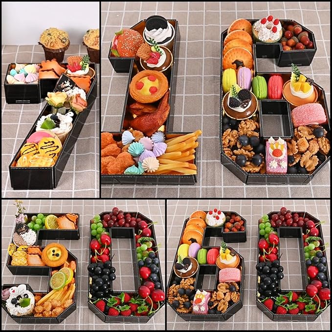 16 Cardboard Numbers for Charcuterie Numbers Fillable 13.8'' Black Gold Paper Mache Number Shaped Cupcake Pans Board Box Trays Container for Food Candy 16th Birthday Party Decorations Anniversary