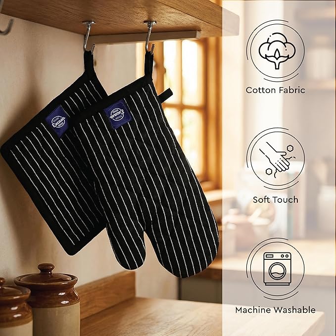 Encasa XO Heat Resistant 100% Cotton Oven Glove & Potholder Set with Loop, Kitchen Cooking Mittens, Microwave Safe Hot Pads (Butcher Stripes Black)