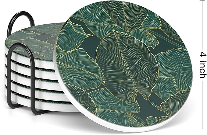 Nipichsha Coasters for Drinks, Set of 6 Cute Absorbent Ceramic Drink Coasters for Cup with Holder and Cork Base, Kitchen Home Decor Housewarming Gift, Round 4 in, Tropical Leaves