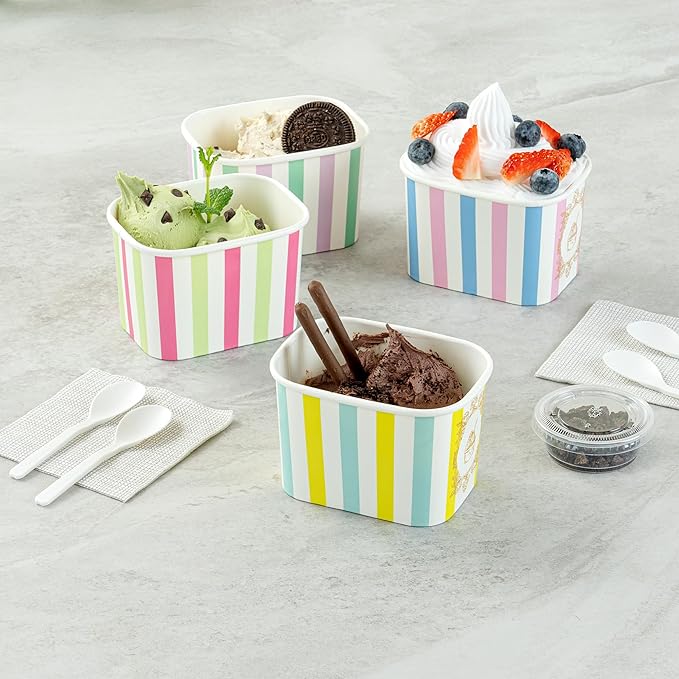 Coppetta 12 Ounce Dessert Cups, 50 Greaseproof Ice Cream Cups - Lids Sold Separately, For Hot And Cold Foods, Blue And Green Stripe Paper Yogurt Bowls, Disposable, Sturdy - Restaurantware