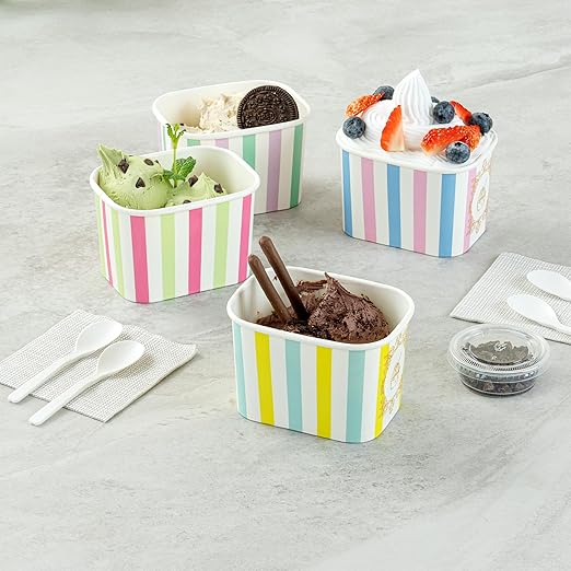 Restaurantware Paper Cups 200 Count 12 Ounce Square Disposable Ice Cream Containers, Leak-Resistant Paper Dessert To Go Cups, Hot And Cold Food, Durable Blue And Green Stripe Design