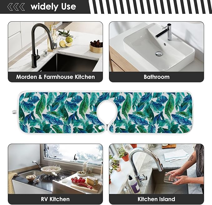 Kitchen Faucet Absorbent Mat,Turquoise Green Palm Leaves Water Splash Guard for Sink, Faucet Drip Catcher Thicken Sponge Microfiber Faucet Water Catcher Mat Sink Absorbent Mat for Kitchen 14x5in 2Pack