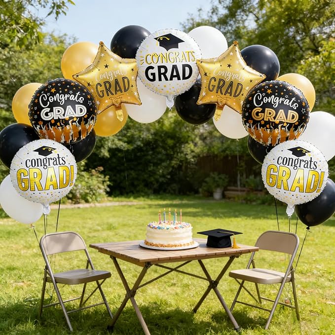 Graduation Balloons Set -12 Pcs Black Gold Congrats Grad Foil Balloons Decor,GRAD Letters Mylar Balloons Class of 2026 Congrats Grad for College High School Graduation Party Decorations Supplies