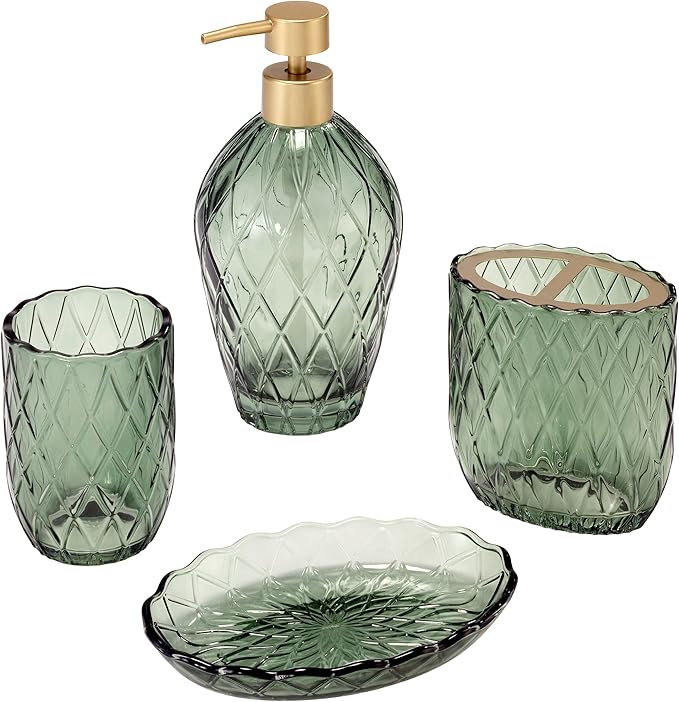 Nicole Miller – Bathroom Accessory Set, Embossed Glass with Diamond Trellis Design & Scalloped Edge, Decorative Lotion Pump, Soap Dish, Toothbrush Holder & Tumbler (Bijou Green)