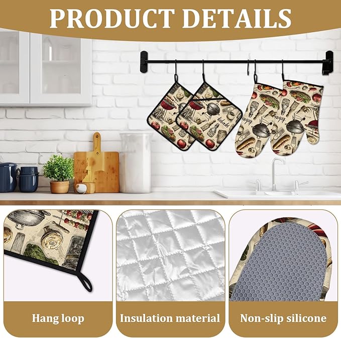 Funny Barbecue Food Grill Oven Mitts and Pot Holders Sets 4Pcs Kabobs Silicone Kitchen Gloves Heat Resistant Potholders for Baking Cooking Grilling BBQ