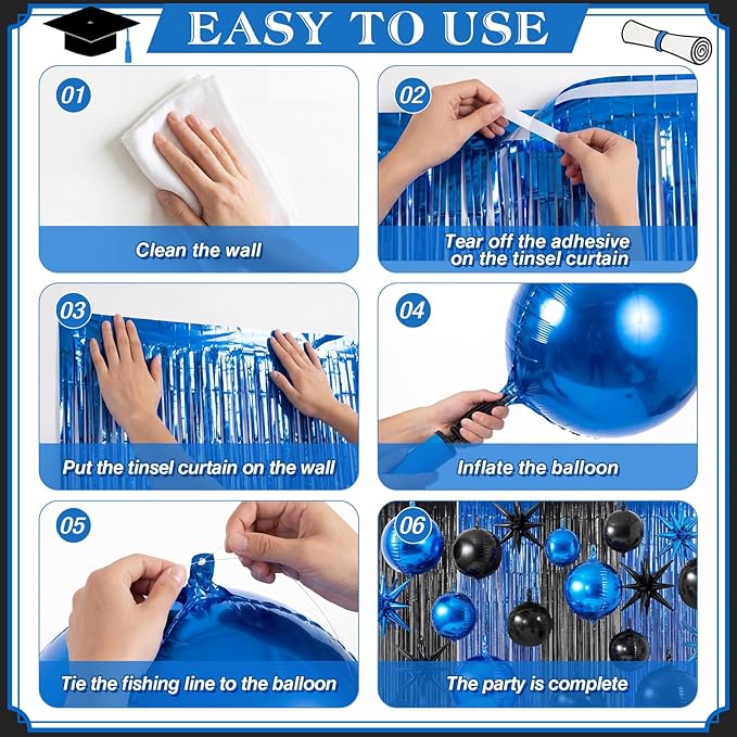 Seenelling 25 Pcs Blue and Black Graduation Party Decorations 2026 Sets 22 Inch 4d Large Stars Balloons with Metallic Tinsel Foil Fringe Backdrop Curtains for Birthday Anniversary Wedding Decor