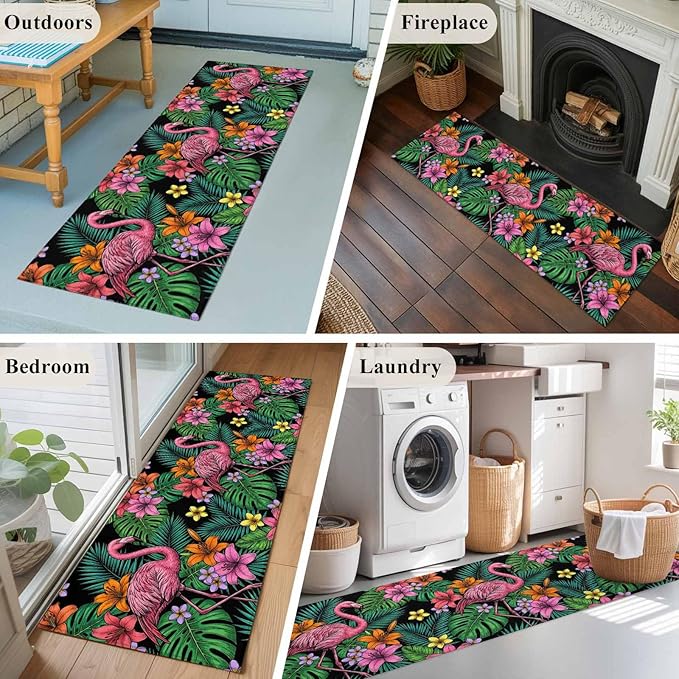 Runner Rug for Bedroom Hallway, Pink Flamingos Tropical Leaf Kitchen Runner Rugs Area Rug 2x6ft, Colorful Lily Blossom Floral Washable Soft Floor Carpet for Entryway Stair