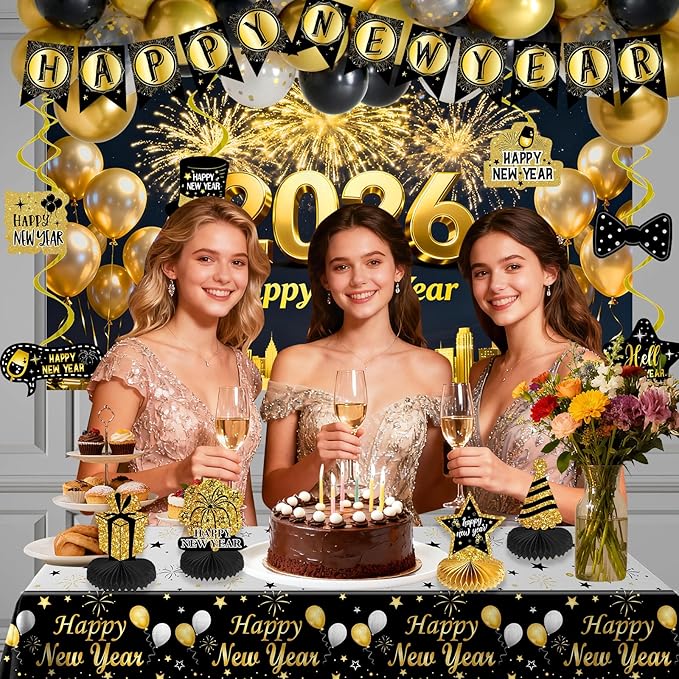 New Years Eve Party Supplies 2026, Happy New Years Decorations Gold and Black, Happy New Year 2026 Backdrop Banner Tablecloth Balloons Hanging Swirls Honeycomb, 2026 Nye Party Decorations Kit