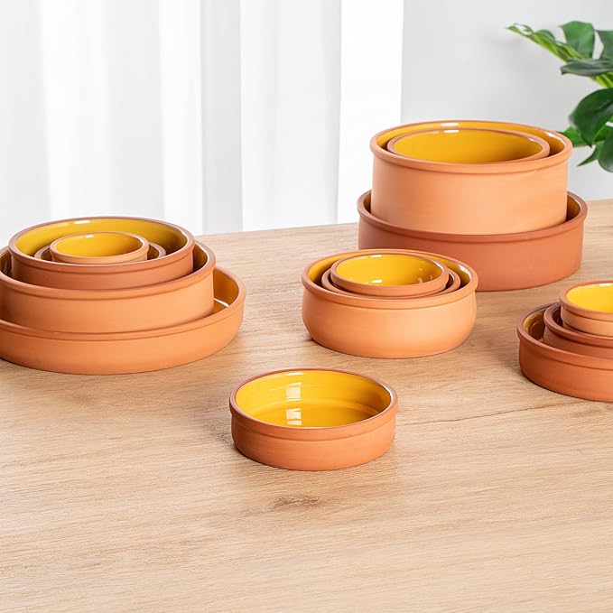 Restaurantware-Terra Tek 8.8 Ounce Terracotta Cazuelas, 2 Yellow Glazed Clay Pots For Cooking - Oven-Ready, Microwavable, Terracotta Serving Pots, Dishwashable, For Cooking And Serving