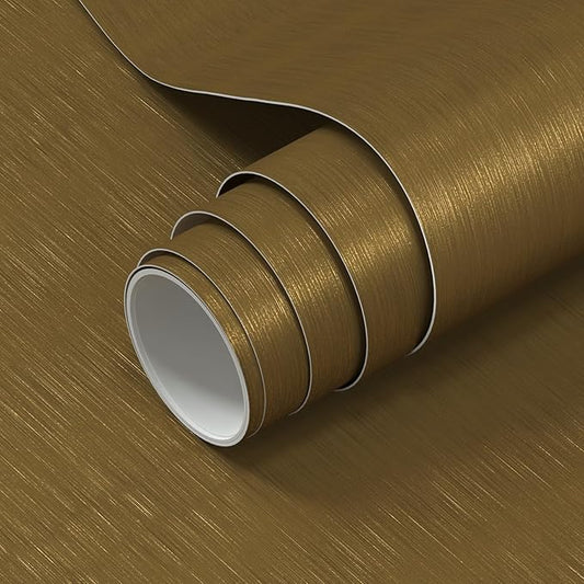 Brass Color Matte Gold Contact Paper 15.7 x 393.7 Inches Peel and Stick Vinyl Self Adhesive Waterproof Wallpaper for Kitchen Cabinet Countertop Dishwasher Appliances Wrap Fridge Cover