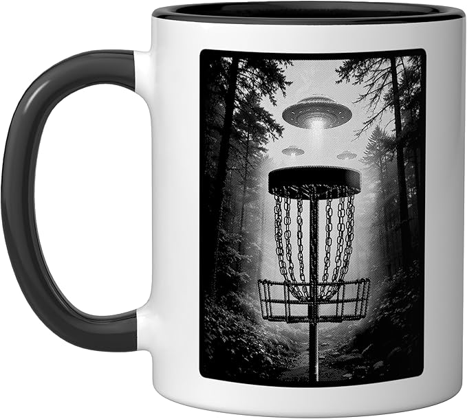 Disc Golf Basket UFO Selfie Funny Alien Wooded Hole Course Ceramic Mug, Black/White