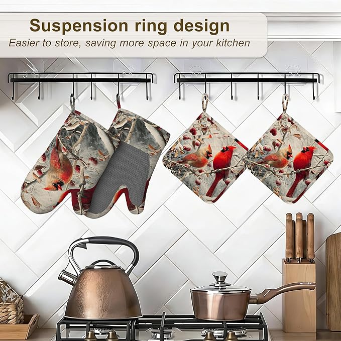 Red Cardinal Birds Winter Oven Mitts and Pot Holders Sets of 4,Heat Resistant Silicone Oven Mitts Gloves Non-Slip Kitchen Mittens Potholders for Cooking Baking Grilling BBQ