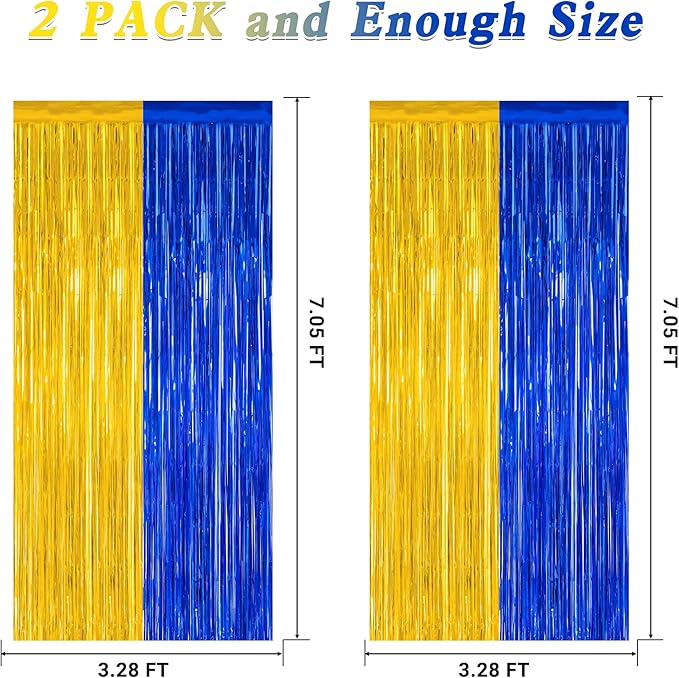 2 Pack Graduation Backdrop, 3.28 FT x 7.05 FT Class of 2026 Decorations, Blue Gold Fringe Curtains Tinsel Backdrop Party Streamer, Metallic Blue and Gold Graduation Decorations 2026