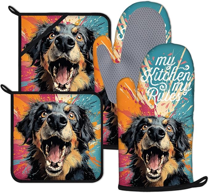 Colorful Happy Dog Oven Mitts and Pot Holders Sets 4Pcs Dog Lover Silicone Kitchen Gloves Heat Resistant Potholders for Baking Cooking Grilling BBQ
