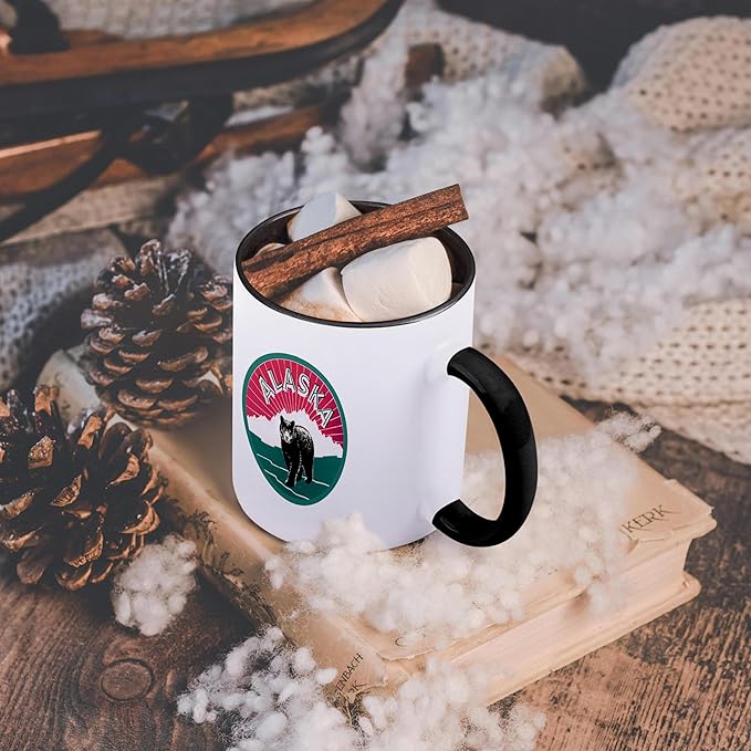 3dRose Alaska Luggage Label with Snow Covered Mountains and a Black Bear 11oz Two-Tone Black Mug