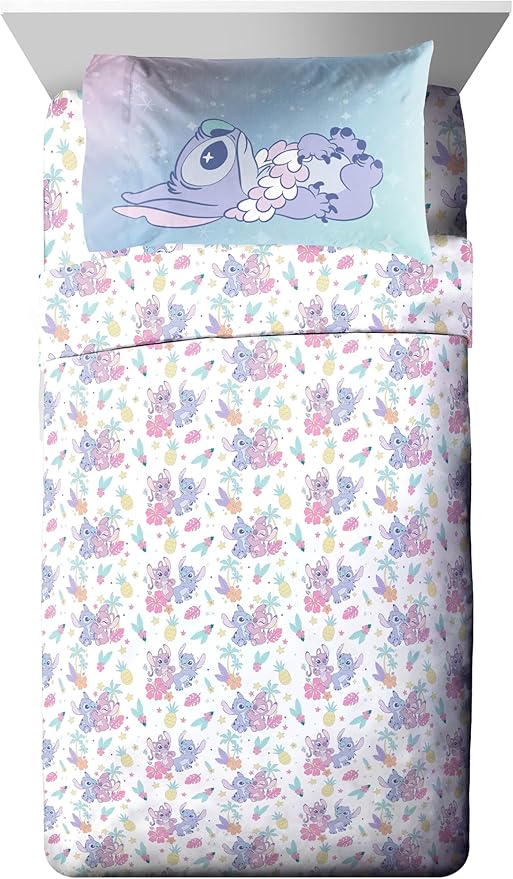Jay Franco Disney Lilo and Stitch Twin Size Comforter Set - 5 Piece Floral Bedding Includes Sheet Set & Pillow Covers Features Angel - Super Soft Purple & Teal Stars Kids Bedding