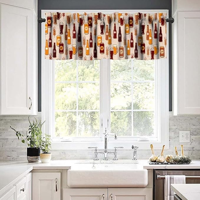 Retro Beer Curtain Valance, Brown Beer Wheat Bottle Print Decorative Short Rod Pocket Window Treatment for Kitchen Dining Bedroom Living Room, 54x18Inch