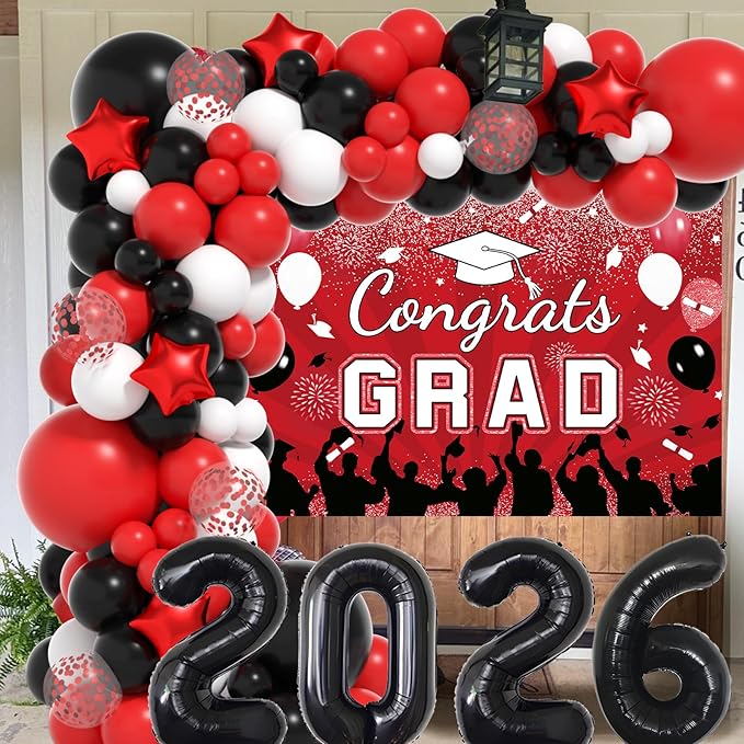 Graduation Decorations Class of 2026: Red and Black Graduation Balloons Arch Kit 2026 Party Decorartion with Congrats Grad Backdrop Party Supplies for High School & College Celebrations
