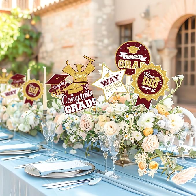 2026 Graduation Party Decorations - 24 Pcs Class of 2026 Congrats Grad Table Centerpieces Graduation Table Decorations Sticks Table Toppers for Graduation Party (Maroon Gold)