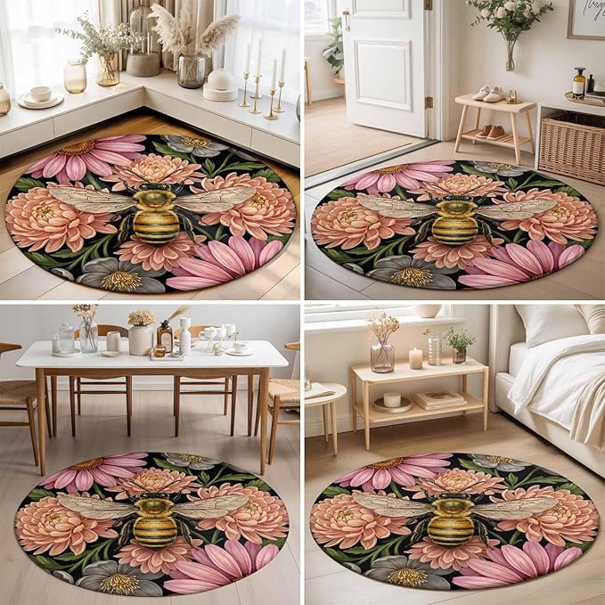 Washable Round Area Rug Vintage Honey Gold Bee Pink Flowers Circle Rugs Floor Carpet for Living Room Bedroom, Sage Green Leaves Soft Non Slip Round Rug 3ft