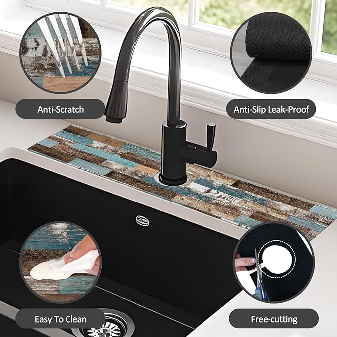 2PCS 24" X 5.5" Kitchen Sink Splash Guard Faucet Mat Wood Grain Super Absorbent Fast Drying Faucet Guard & Draining Mat Sink Splash Guard Behind Faucet for Kitchen, Bathroom