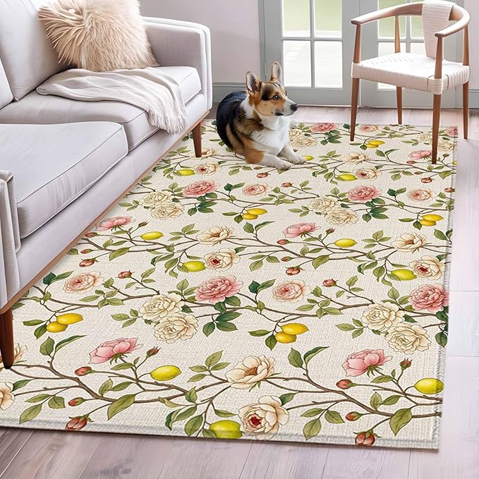 Area Rug 4x6ft, Farmhouse Blossom Flower Leaf Lemon Washable Rugs for Living Room Bedroom, Summer Retro Floral Fruit Soft Non-Slip Area Rugs Rectangle Floor Carpet for Dining Room