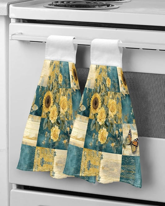 Alandar Home Kitchen Tie Towel Set of 2, Farm Sunflower Rose Butterfly Absorbent Soft Hand Towels for Bathroom Hanging Towels, Vintage Floral on Plaid Fast Drying Cleaning Cloth with Loop