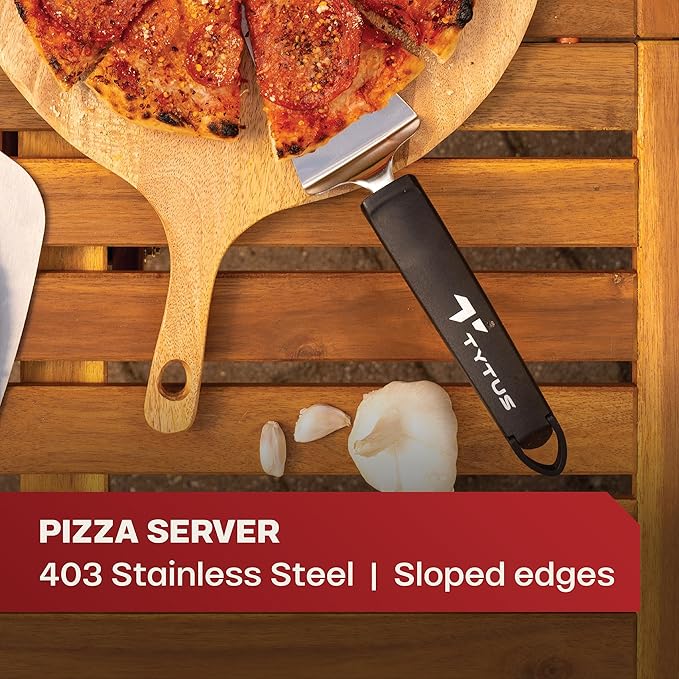 TYTUS Pizza Oven Tool Set 4 Pieces - 12" x 12" Peel, Sharp Rocker, Server & Nylon Stone Brush for Gas Fired Emberwood Pizza Oven