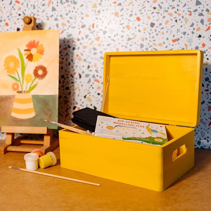 Creative Deco Large Yellow Wooden Box Storage with Hinged Lid | 11.8x7.87x5.51in (+-0.5) | Keepsake with Handles | Gift Box for Tool Dog Toy Shoes Kitchen Storage | Wood Keepsake Chest Trunk