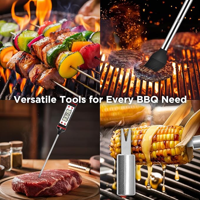 Kaluns Grilling Accessories, Dad Gifts for Fathers Day, Heavy Duty Stainless Steel Grill Set BBQ Grill Accessories for Outdoor Grill with Meat Thermometer, Case and Apron