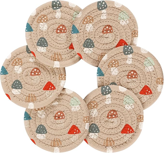 YETTASBIN Mushrooms 6 Pcs Drink Coasters with Holder, Cotton Woven Absorbent Heat-Resistant Round Coaster Non-Slip Table Mat for Kitchen Bar Home Decor Housewarming Gift, 3.9 in