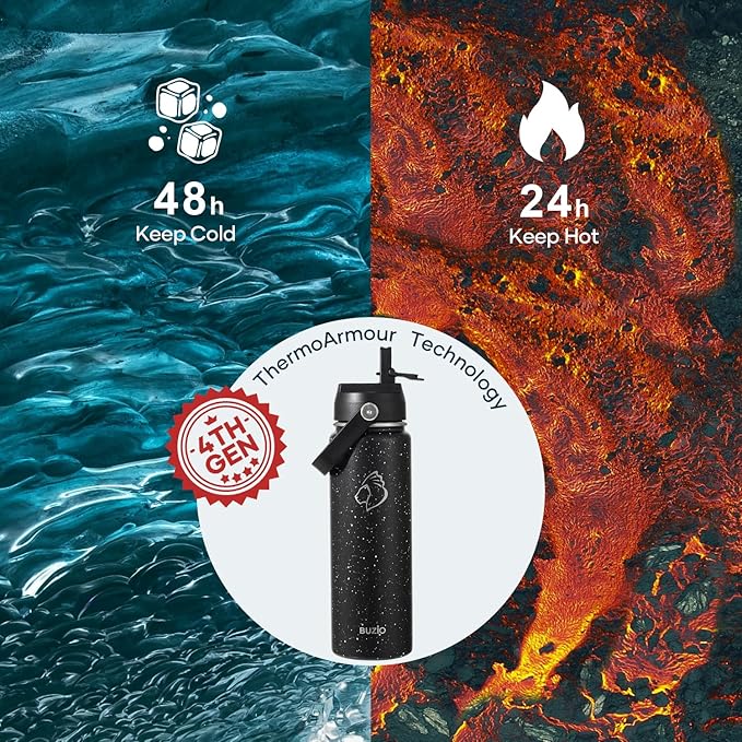 BUZIO 24 oz Insulated Water Bottle, Stainless Steel Wide Mouth Water Flask with Straw Lid, Cold for 48 Hrs Leak Proof Metal Hydro Thermo Canteen Mug, Starry Day & Night