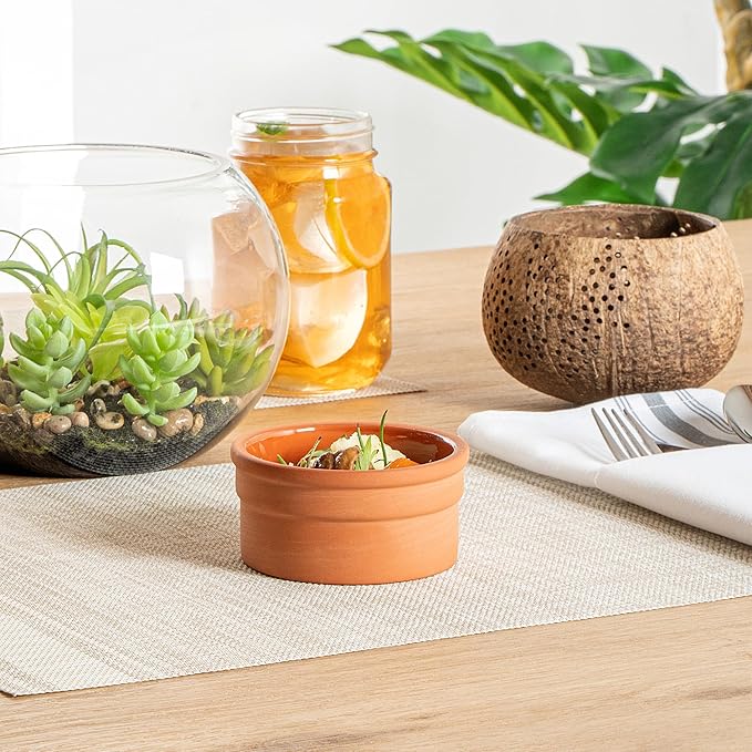 Restaurantware-Terra Tek 5.1 Ounce Terracotta Cazuelas, 2 Brown Glazed Clay Pots For Cooking - Oven-Ready, Microwavable, Terracotta Serving Pots, Dishwashable, For Cooking And Serving