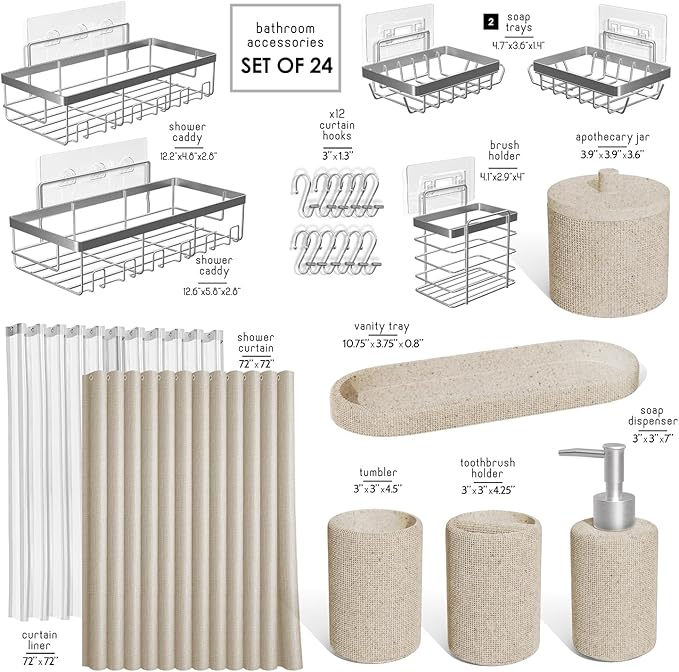 Clara Clark Bathroom Set - Beige Bathroom Accessories Set, 24PC Bathroom Accessory Set, Bathroom Sets with Shower Curtain Set, Adhesive Corner Shower Caddy Hanging & Soap Dispenser