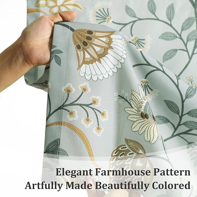 Leeva Farmhouse Style Half Curtains for Windows, Faux Linen Textured Small Cafe Curtain for Kitchen Living Room, Floral on Grey, Rod Pocket, 30 x 24 Inches, 2 Panels