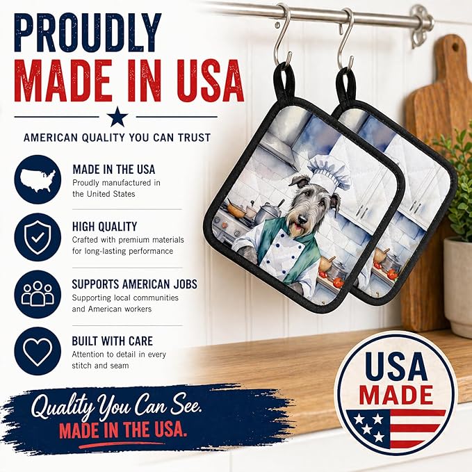 Caroline's Treasures Irish Wolfhound The Chef Pair of Pot Holders Kitchen Heat Resistant Pot Holders Sets Oven Hot Pads for Cooking Baking BBQ, 7 1/2 x 7 1/2