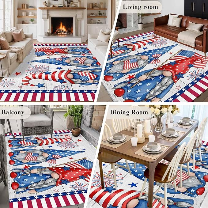 Area Rug 6x9ft, Independence Day USA Flag Star Dwarf Washable Rugs for Living Room Bedroom, Stripes on Wood Grain Soft Non-Slip Area Rugs Rectangle Floor Carpet for Dining Room