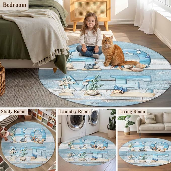 Washable Round Area Rug Summer Ocean Beach Shell Home Quote Circle Rugs Floor Carpet for Living Room Bedroom, Farm Blue Wood Board Soft Non Slip Round Rug 3ft