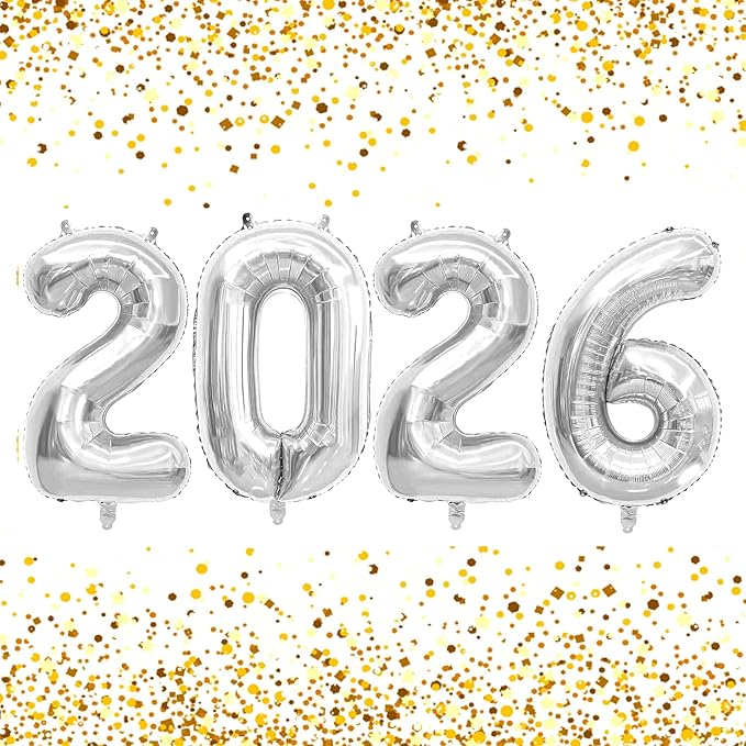 2026 Balloons New Years Eve Party Supplies - 40" Large Sliver Foil Number Balloon New Years Decorations Graduation Balloons Class of 2026 Happy New Year Birthday Anniversary Graduation Decorations