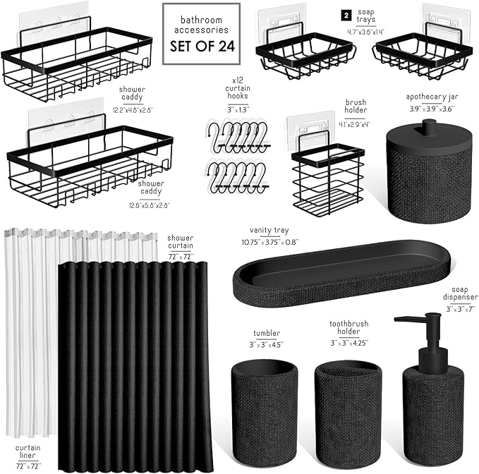 Clara Clark Bathroom Set - Black Bathroom Accessories Set, 24PC Bathroom Accessory Set, Bathroom Sets with Shower Curtain Set, Adhesive Corner Shower Caddy Hanging & Soap Dispenser