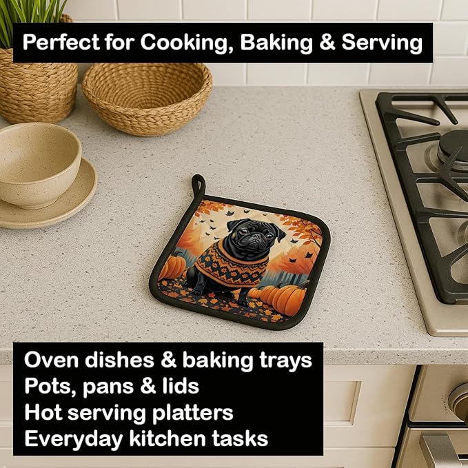 Caroline's Treasures DAC1064PTHD Black Pug Fall Pair of Pot Holders Kitchen Heat Resistant Pot Holders Sets Oven Hot Pads for Cooking Baking BBQ, 7 1/2 x 7 1/2