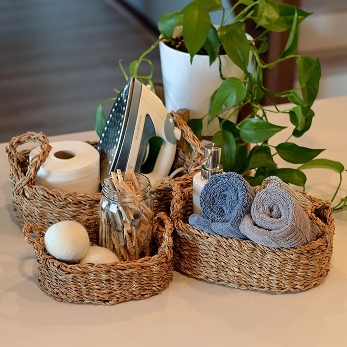 WHW Whole House Worlds Seagrass Baskets, Set of 3, Thick Chunky Sweater Weave, Decorative Vanity Organizers, Closet Storage Bins, Oval, 13.75, 11.75, and 9.5 Inches