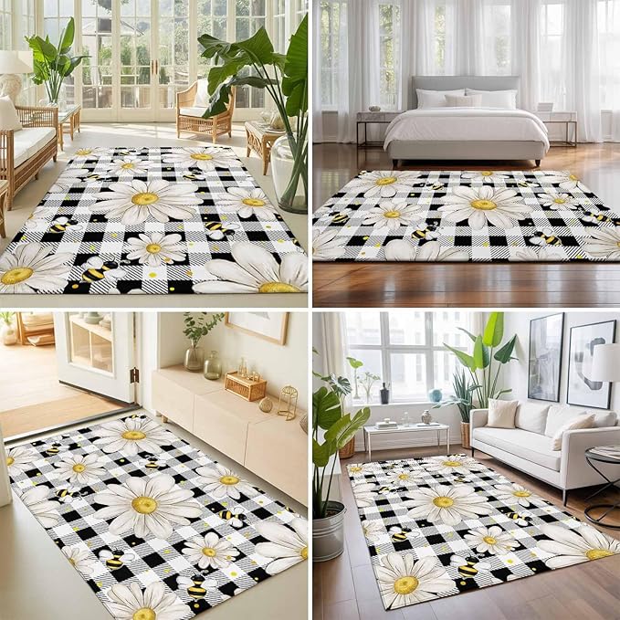 Area Rug 8x10ft, Farmhouse Blossom Flower Bee Washable Rugs for Living Room Bedroom, Spring Daisy Black White Plaid Soft Non-Slip Area Rugs Rectangle Floor Carpet for Dining Room