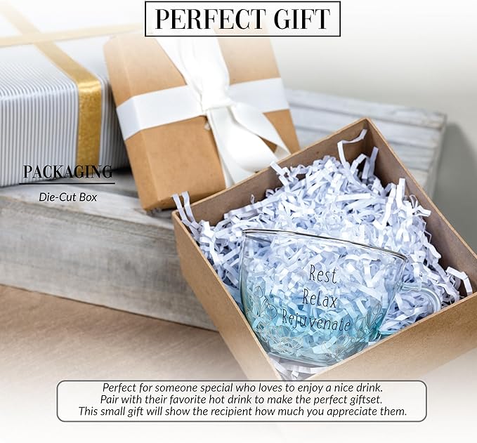 Pavilion Gift Company - Rest Relax Rejuvenate - 7 oz Teacup And 5.25" Saucer Plate Set Expresso Shot Tea Party Cappuccino Coffee Mug Drinkware Glass Tranquil Self Care Affirmations Positivity