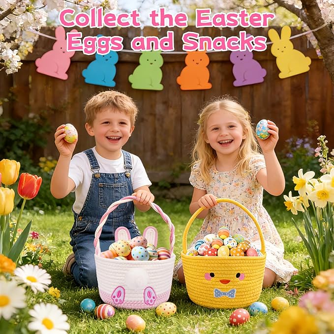Personalized Easter Basket for Toddler, Bunny Basket for Kids,Empty Woven Rope Cotton for Eggs,Easter Egg Hunt Storage Bin with Handle, Baby Nursery Candy for Boys and Girls, 9''×12''