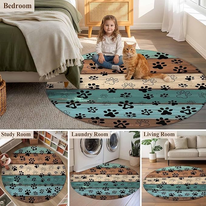 Washable Round Area Rug Farm Brown Wood Board Circle Rugs Floor Carpet for Living Room Bedroom, Dog Paw Print Animal Footprint Soft Non Slip Round Rug 3ft