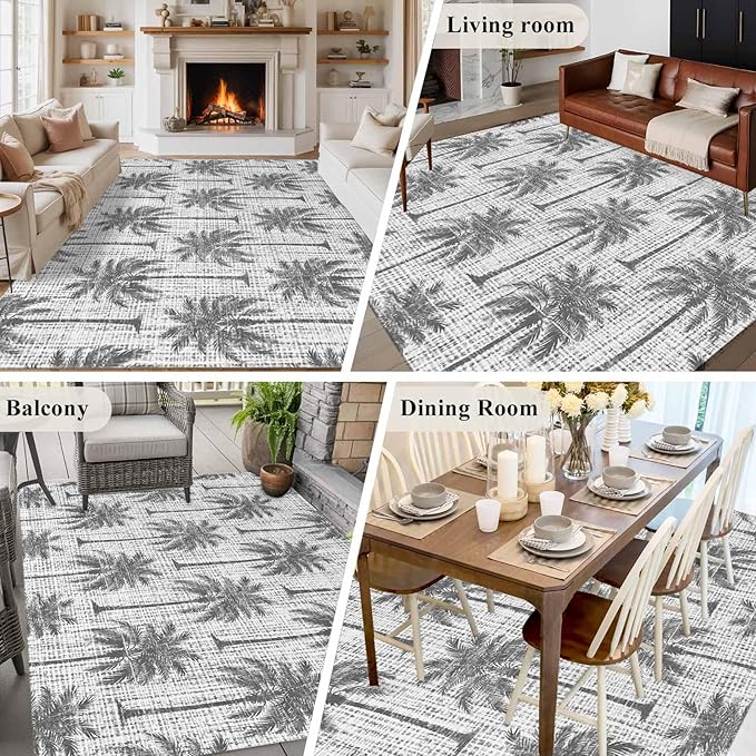 Area Rug 9x12ft, Summer Palm Tree Retro Linen Washable Rugs for Living Room Bedroom Rectangle Floor Carpet, Tropical Gray Botanical Soft Non-Slip Area Rugs for Dining Room