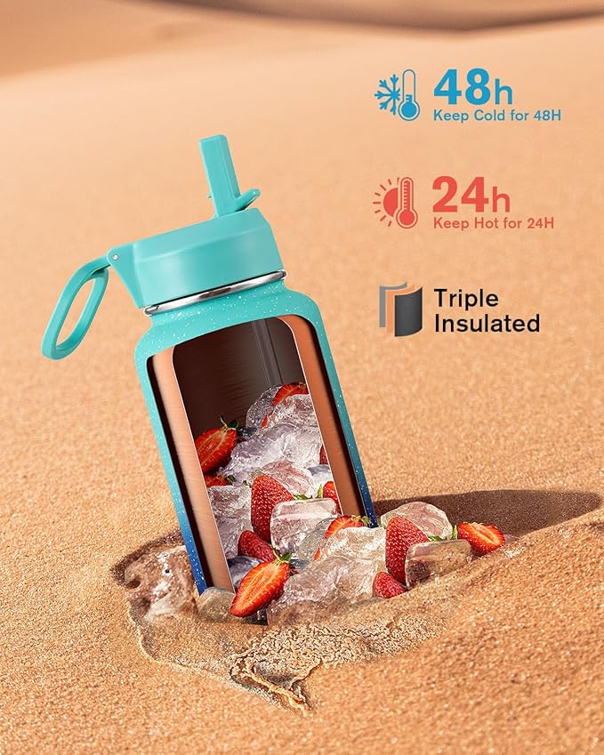 Coolflask Water Bottle 32 oz Insulated with Straw, Stainless Steel Metal 3 Lids Water Flask Wide Mouth for Sports or Office, Non-BPA Keep Cold Up to 48 Hrs or Hot Up to 24 Hrs, Glacier Blue