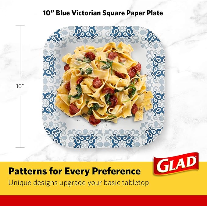 Glad Square Heavy Duty Paper Plates, Soak Proof and Cut Proof Disposable Plates for Parties and Everyday Meals, Microwaveable for Easy Serving, Blue Victorian Pattern, 10 Inch, 50 Count