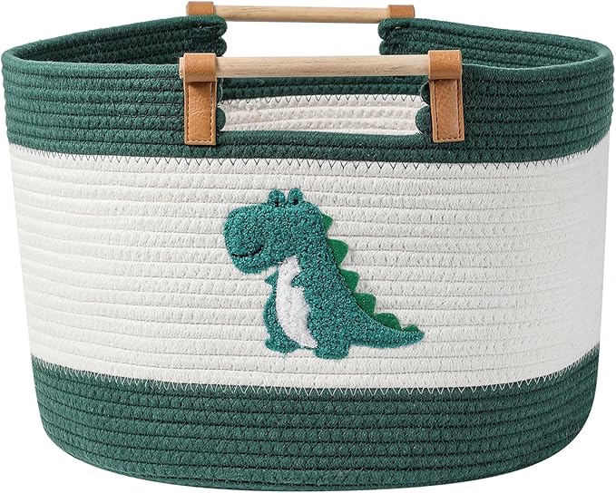 Large Blanket Basket 35L Cotton Rope Basket with Wooden Handles Woven Baskets for Kids Stuffed Animal Toys Storage for Nursery, Laundry Hamper Clothes Baby Hamper Boys Gift Basket Empty, (Dinosaur ）